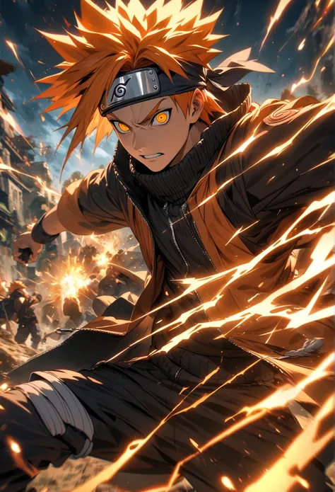 absurdres, highres, ultra detailed, HDR, masterpiece, extremely detailed face and eyes,Naruto uzumaki,orange hair , , solo, man, handsome, Konoha headband,, , Epic fight scene, orange lightning effect, glowing glitters