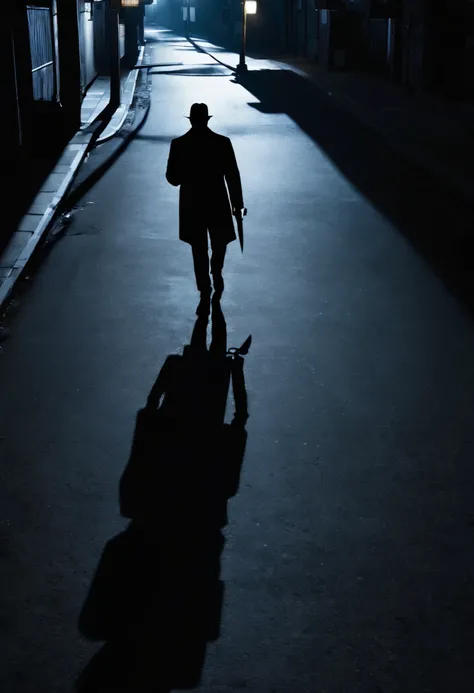 Shadow of a Man Under the Streetlight, (In a space where no one else is、Produce only one person, Knife in hand, Bizarre), Cryptic image under a street lamp, from where, crime surveillance,