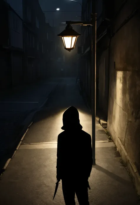 Shadow of a Man Under the Streetlight, (In a space where no one else is、Produce only one person, Knife in hand, Bizarre), Cryptic image under a street lamp, from where, crime surveillance,