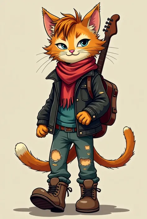 A cat with messy hair, calico cat inspired by grunge who walks with attitude wearing a leather jacket, ripped pants, and a scarf . The cat's ears are pierced, and he wears thick boots. He wears a guitar hanging behind his back, with a rebellious smile and ...