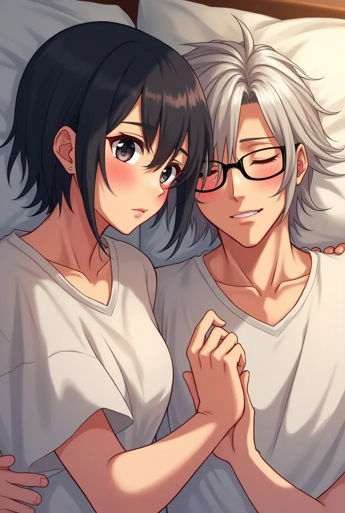 It is in anime style.  your white skin. His hair reaches down his forehead. He wears glasses that match his serious and warm appearance. He is lying on a bed while holding his limb hard. The same one has a red cheek. Her black hair looks like her eyes with...