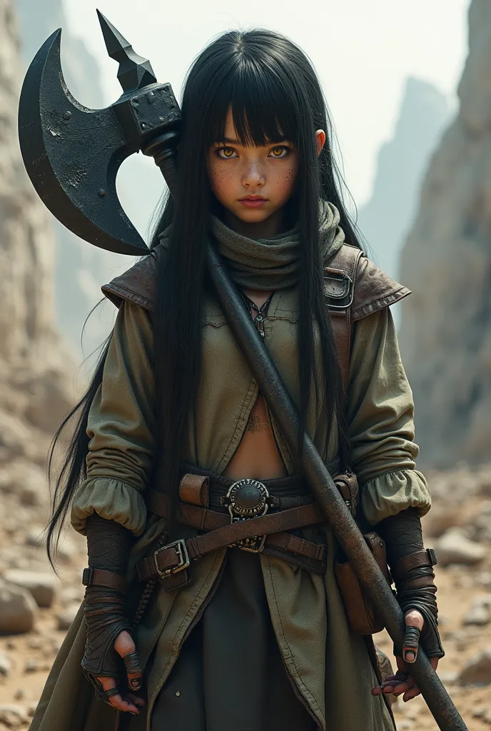 A young girl with a giant black battle axe, long straight black hair, Caucasian, with yellow-amber eyes and post apocalyptic clothing