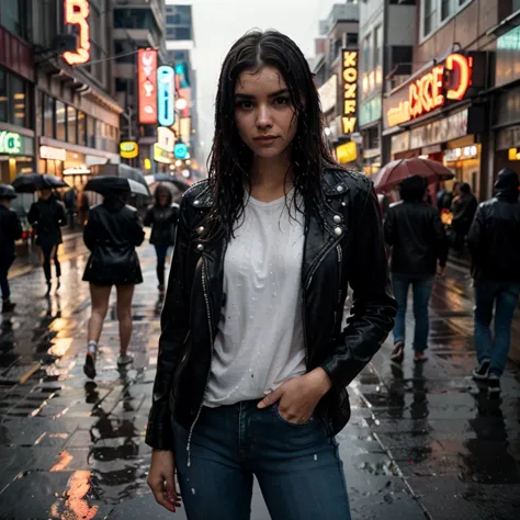 “Image of a confident woman in a leather jacket and jeans, standing in front of neon signs in a rainy city. Her gaze is direct and bold, hair slightly wet from the rain. Water droplets on the lens, high contrast, atmospheric composition.”