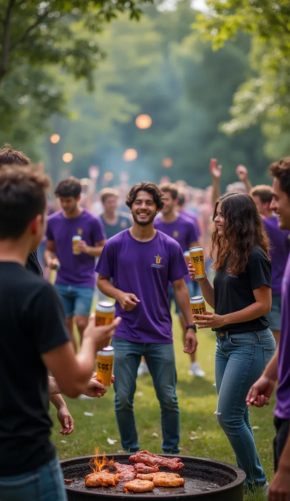 group of 22-year-old mass people wearing black and purple t-shirts in a park grilling meat standing outside, dancing, Canned beer in your hand