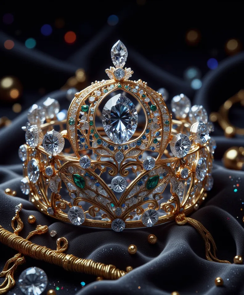 A dazzling gem-encrusted tiara, glittering with diamonds, sapphires, and emeralds, with ultra-realistic tiny workers who appear absolutely real — with lifelike skin tones, natural stances, and focused expressions. They wear practical work attire — neutral ...