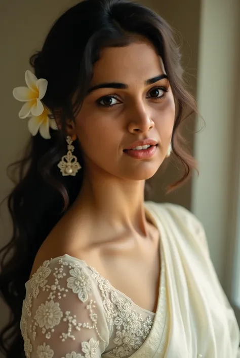 make her wearing white kerala marriage dress with a jasmine flower on head 