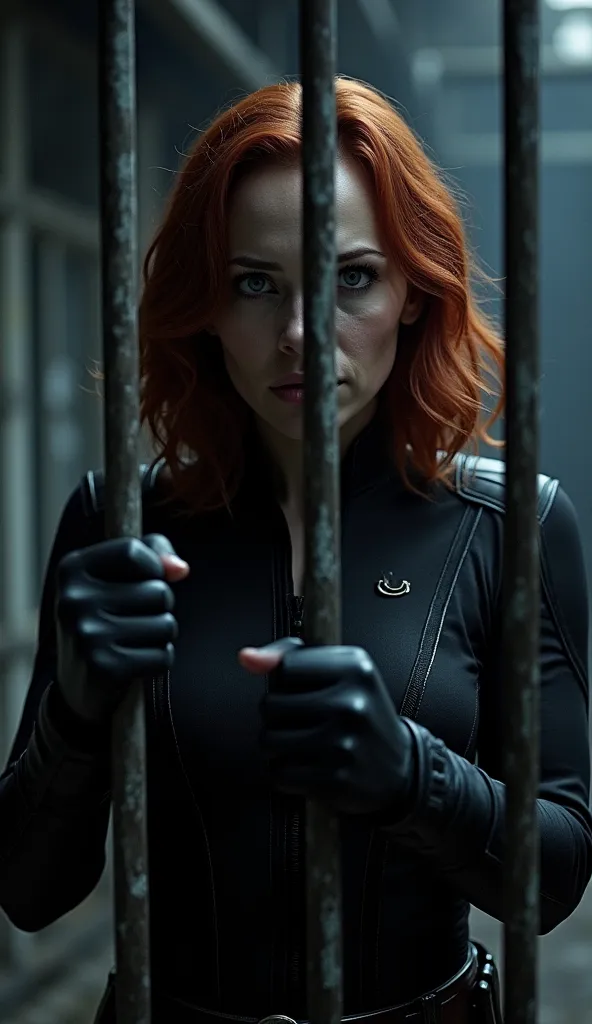 In a dark and cold prison, Black Widow is behind the thick iron bars, her slightly dirty black suit, eyes filled with despair. She holds the bars tightly, her pleading expression as she begs for help.  outside, Thor silently watches her, her hammer resting...