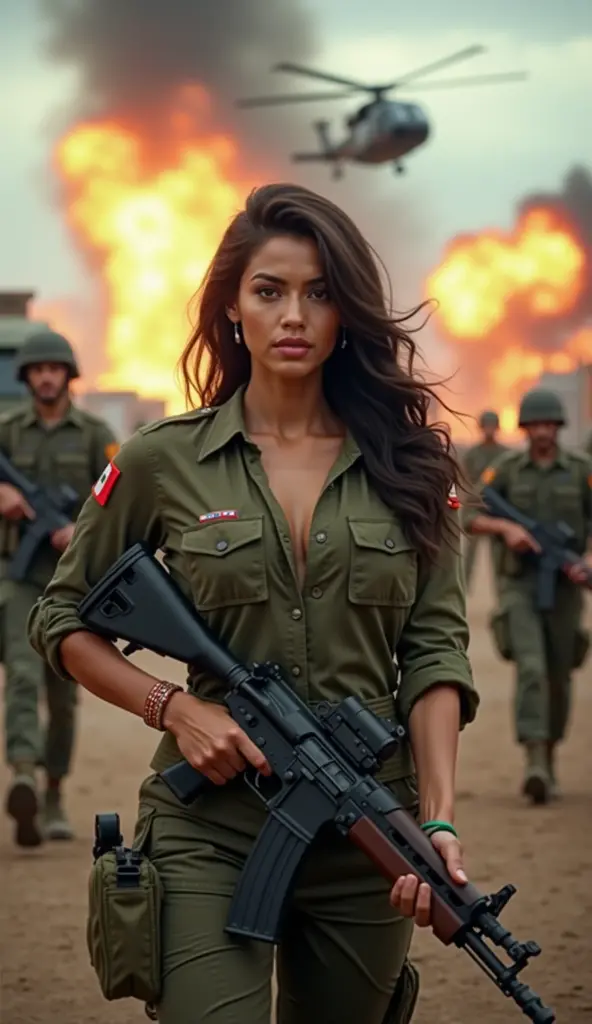 give me 2 scenes of  ai 8k  realistic video creation prompt of Beautiful charming lovely female and male combine military of Argentina troops while both having strong muscle showing body  in war situation having white skin color, extra large breast  and Wr...