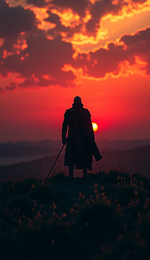 A dramatic sunset scene. The silhouette of Prince Mstislav the Great stands on a high hill, gazing over the vast lands of Rus. The sky glows in shades of red and gold, symbolizing the end of an era. Cinematic, ultra-detailed, historical accuracy, 8K resolu...