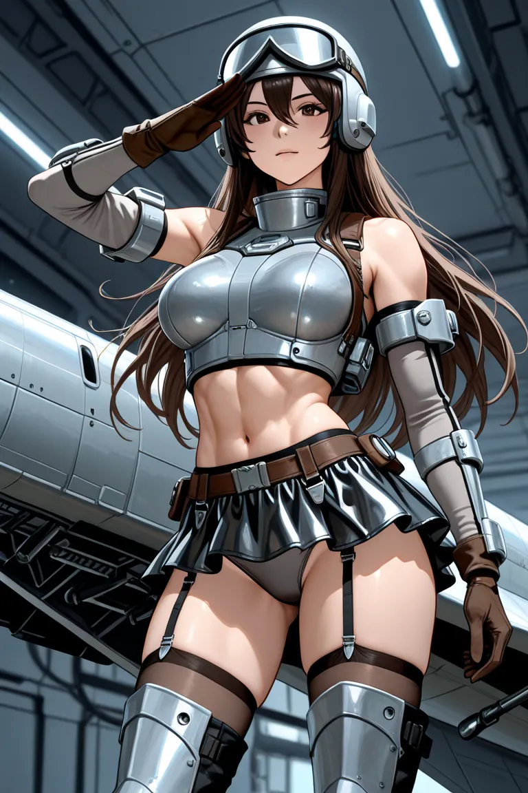 A young woman, likely Asian, is depicted in a futuristic, anime-style illustration,
She has short, dark long hair,light gray aviator helmet,
She is wearing a futuristic flight suit, with light gray armor pieces layered ,  
 brack detached sleeves,
showcasi...