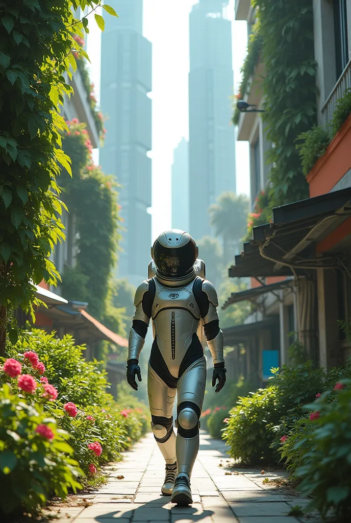 A man in a full spacesuit walks down a beautiful, modern street in Yangon. Yangon's buildings are covered in trees and beautiful flowers are blooming.