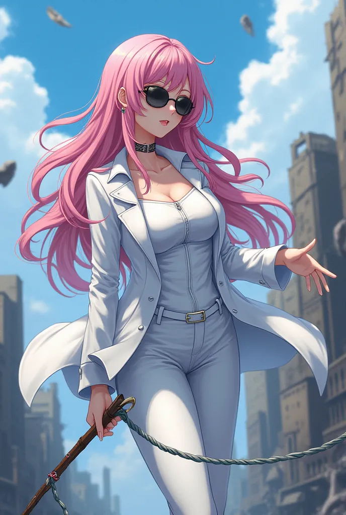 Make an anime character with long pink hair and very blue eyes and big boobs and black sunglasses and white coat and white coat and white clothes and white pants floating above the ruined city with a long whip