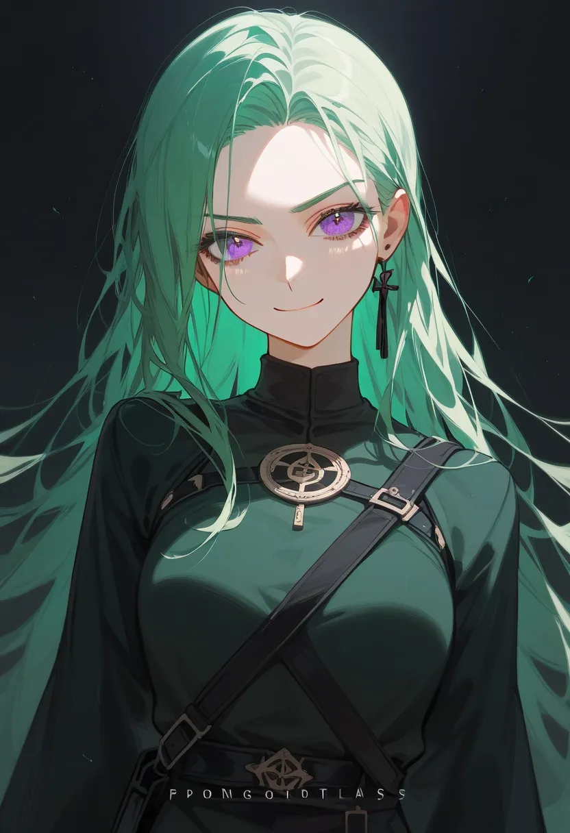 girl,, old green hair, in purple eyes,slim,beautiful,,Blue Long Ribbon,Pointed eyes , black eye border ,The joker, psychopaths , Exhaustion,Assassin,,Fierce face, long hair,,Black Glove,Black Sleeve Bag,Dark Green Kimono,psychology,Shy, horse hair ,,Good ,...