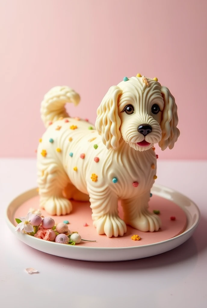 An elegant dog cake shaped like a bone, decorated with natural frosting and colorful toppings, placed on a ceramic plate with a small bouquet of fresh flowers. The background is a soft pastel gradient, highlighting the cake’s intricate details in a soft, p...