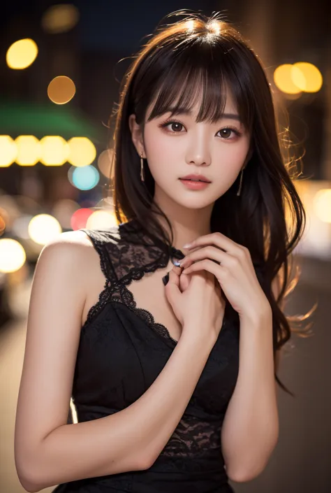 highest quality。 Yan in focus。against a night scene。The hair is black with long hair、with gentle waves、with bangs flowing slightly sideways。Big, impressive eyes, long eyelashes, and a well-groomed face、It is characterized by clear eye makeup and fluffy red...