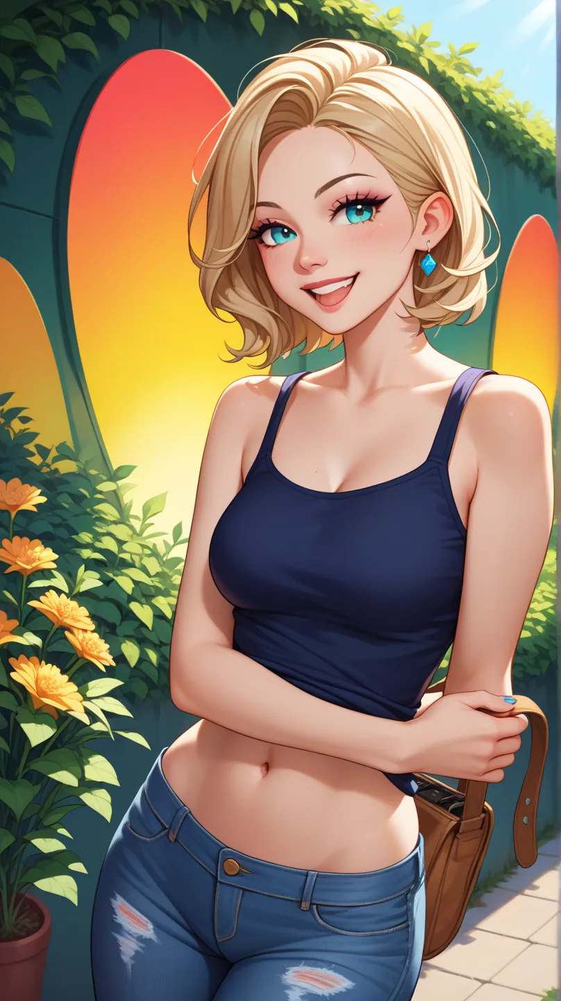 A discreet and casual image of an adult brunnet hair American woman in comic book style, smiling and appearing happy. She is dressed in casual and tasteful clothing, such as a blouse and jeans, with an aaproachable and friendly appearance. The background i...