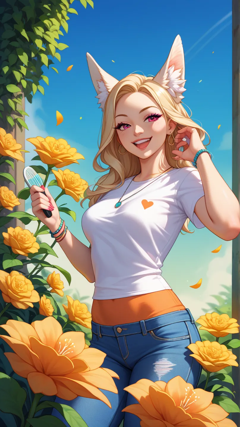 A discreet and casual image of an adult brunnet hair American woman in comic book style, smiling and appearing happy. She is dressed in casual and tasteful clothing, such as a blouse and jeans, with an aaproachable and friendly appearance. The background i...