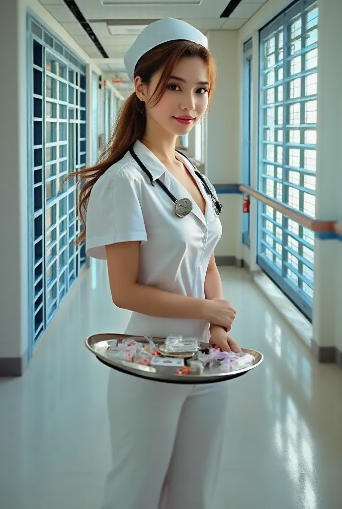 a beautiful young Indonesian female nurse, ideal body, large breasts, hair tied in a bun, wearing a white nurse's hat, wearing a white nurse's shirt that shows seductive cleavage and smooth thighs, black high heel shoes, walking with a seductive pose facin...