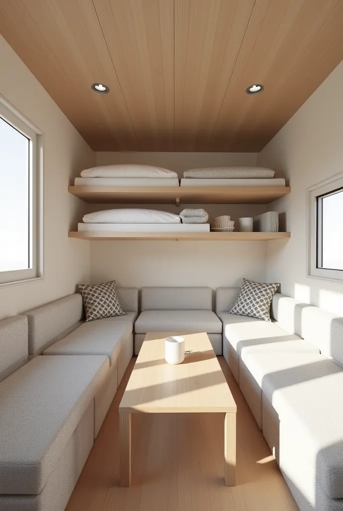 Create a minimalist design for a studio apartment with 3m with 5m long prefabricated van type, for 4 persons, with double deck bed. And 4 seater square coffee table