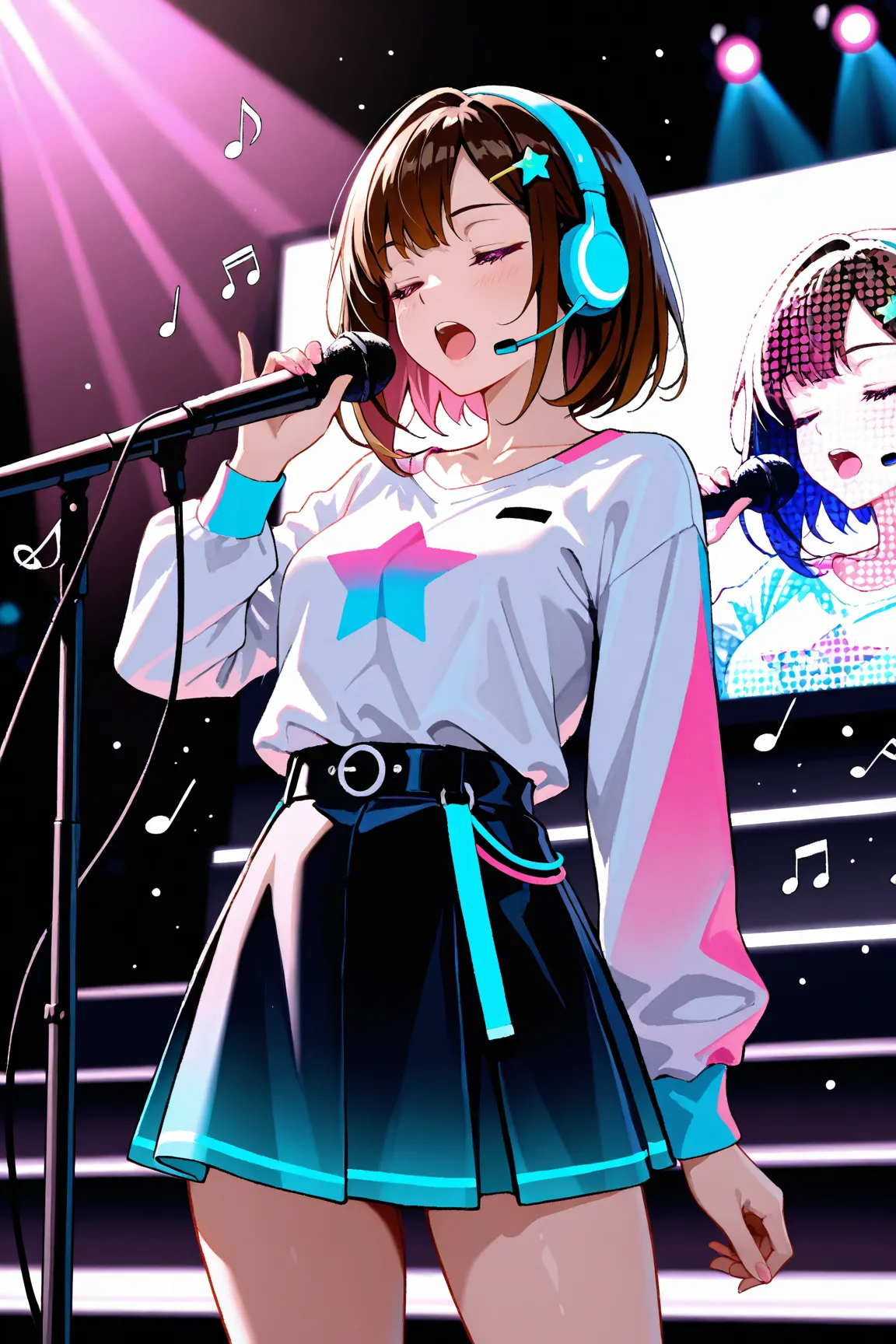 masterpiece,best quality,amazing quality,very aesthetic,absurdres, newest, a woman, cowboy shot, vibrant colors, music notes, headset, closed eyes, on stage, singing, pink eyes, blurry eyes, brown hair, star hairpin, long sleeve top, short skirt