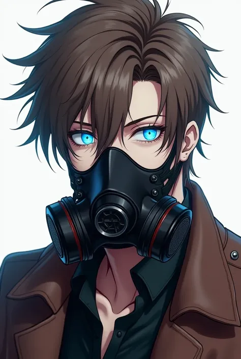 Create the image of a white man with neon blue eyes, a black gas mask, short brown hair thrown and combed to the right, hair to the right and fringe of his hair white almost blue, he has to wear a brown leather jacket and a black shirt he must look French ...