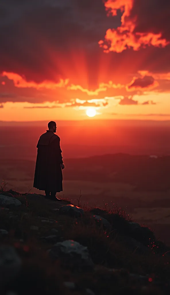 A dramatic sunset scene. The silhouette of Prince Mstislav the Great stands on a high hill, gazing over the vast lands of Rus. The sky glows in shades of red and gold, symbolizing the end of an era. Cinematic, ultra-detailed, historical accuracy, 8K resolu...