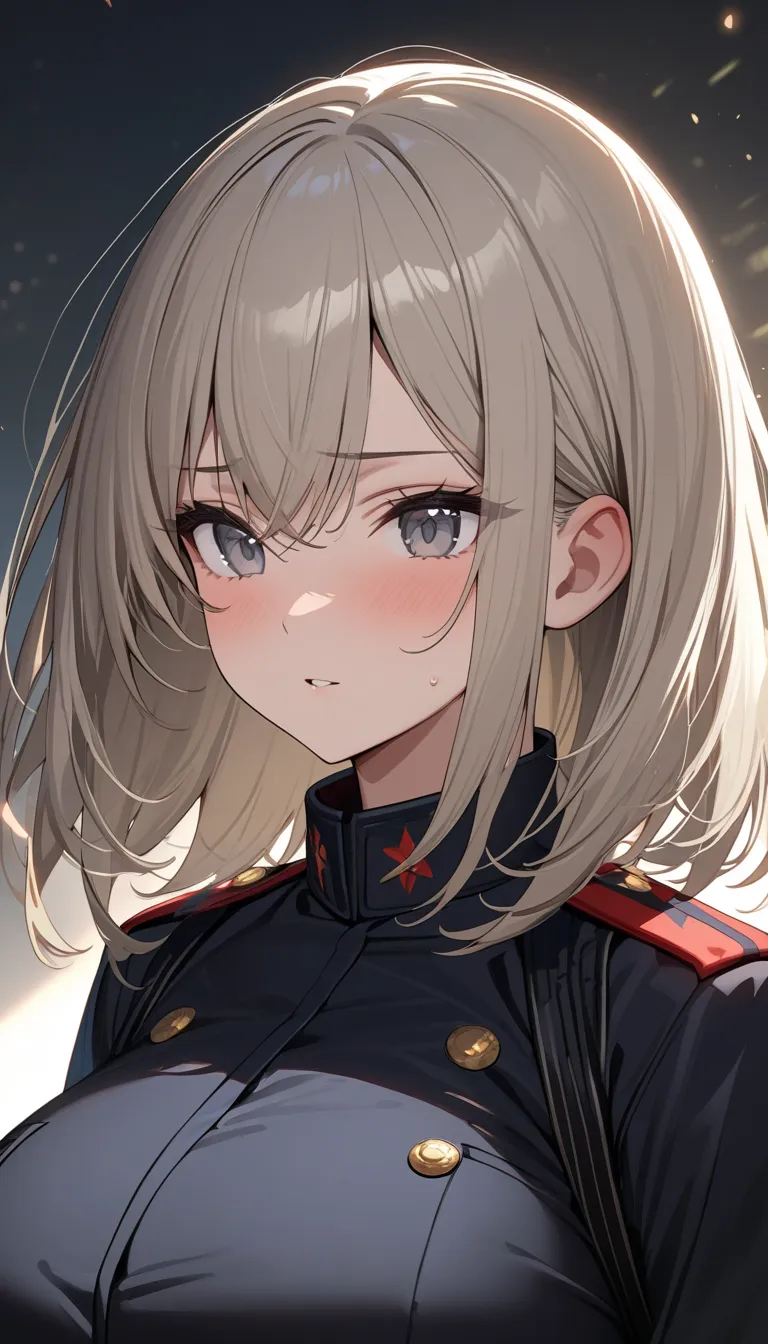 (masterpiece, Highest quality:1.2), (1girl) ,alone, ((medium hair)), (((platinum blonde hair))), (straight hair), ((gray eyes)), (huge breast), ((high detail)), bloom, (black militiary uniform), (black pleated skirt), ((detailed face)), (beautiful effects)...