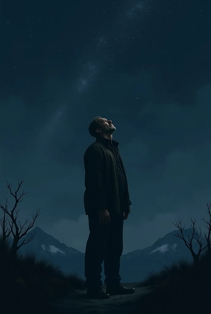 man crying looking at the sky in the dark