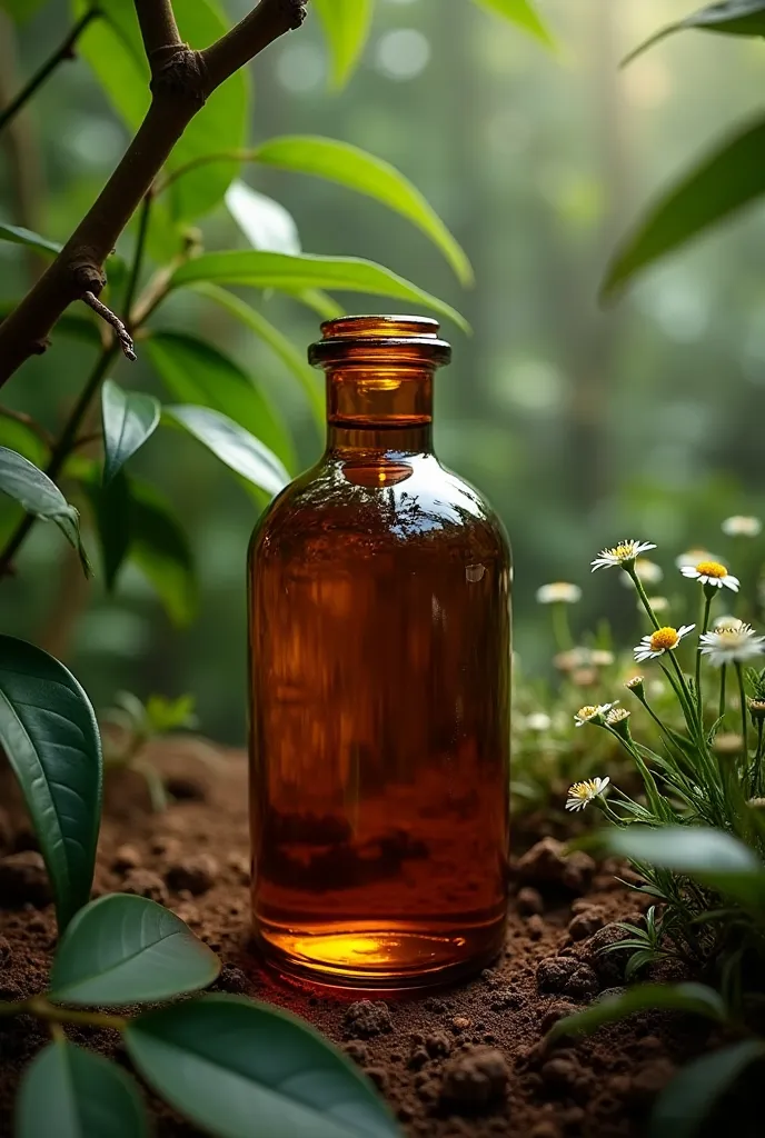 One liter of clove essential oil from clove leaves, with a clove plant in the background