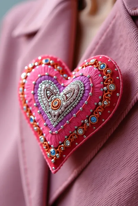 Brooch heart embroidered with beads and painted with acrylic paint made of pink denim