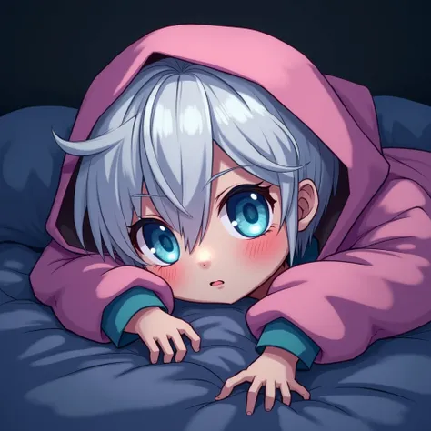 A cute tough guy in a pink hood with short white hair. blue eyes. He sleeps in bed with his head turned to one side. A bone hand is passed over his cheek.   colors dark blue, purple, black. manhwa style
