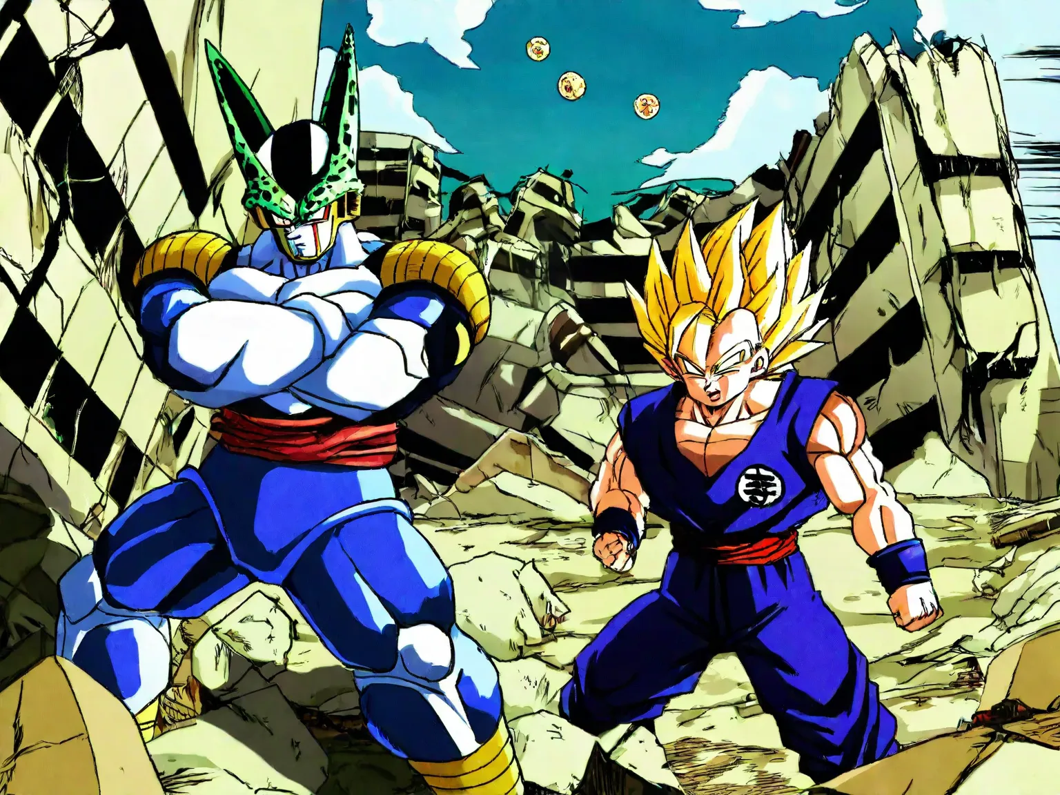 Dragonball, super sayayin, son-gohan versus cell, full power, in ruins, bursting earth