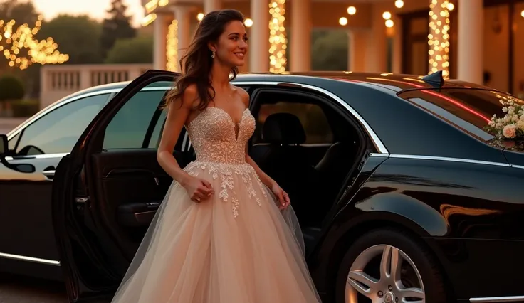 "Create a high-quality, hyper-realistic featured image that encapsulates the elegance and excitement of a quinceañera celebration. The scene should be set in the early evening with warm, ambient lighting, highlighting a sleek, deep black luxury limousine p...