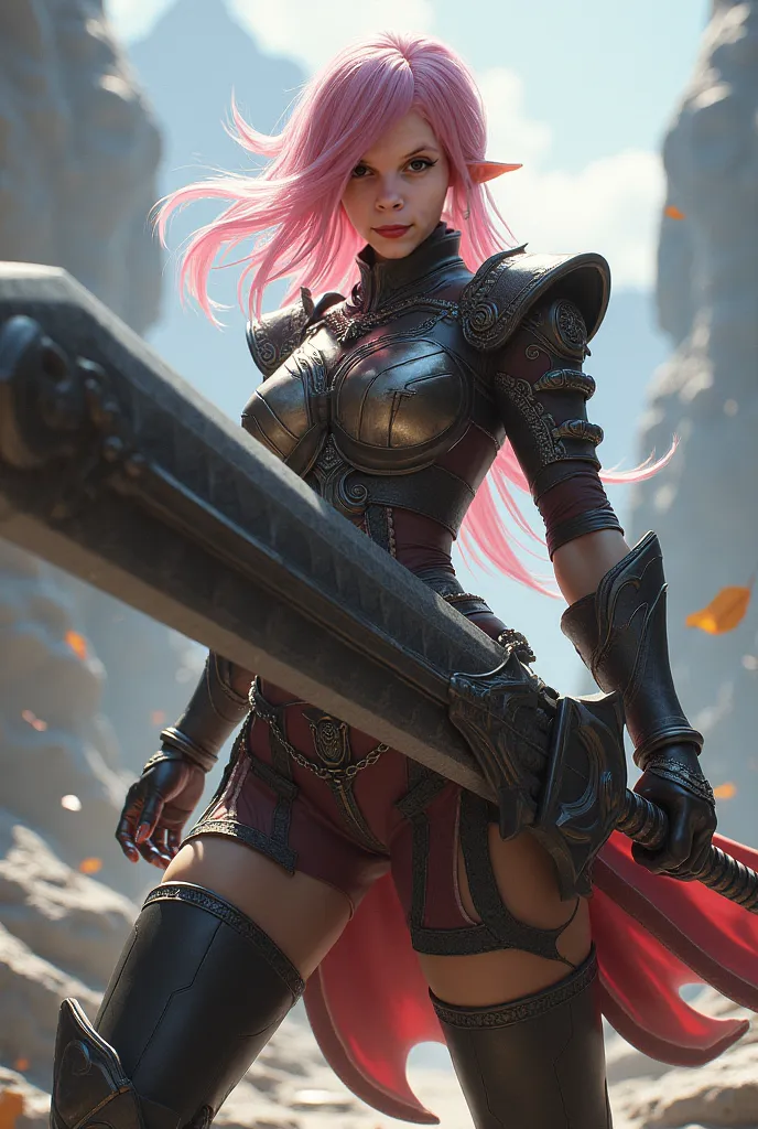 player, she is facing the camera, neckline armor,  pink hair, giant sword, character feminina de Monster Hunter, 3D universe, game, game, Monster Hunter, character, 