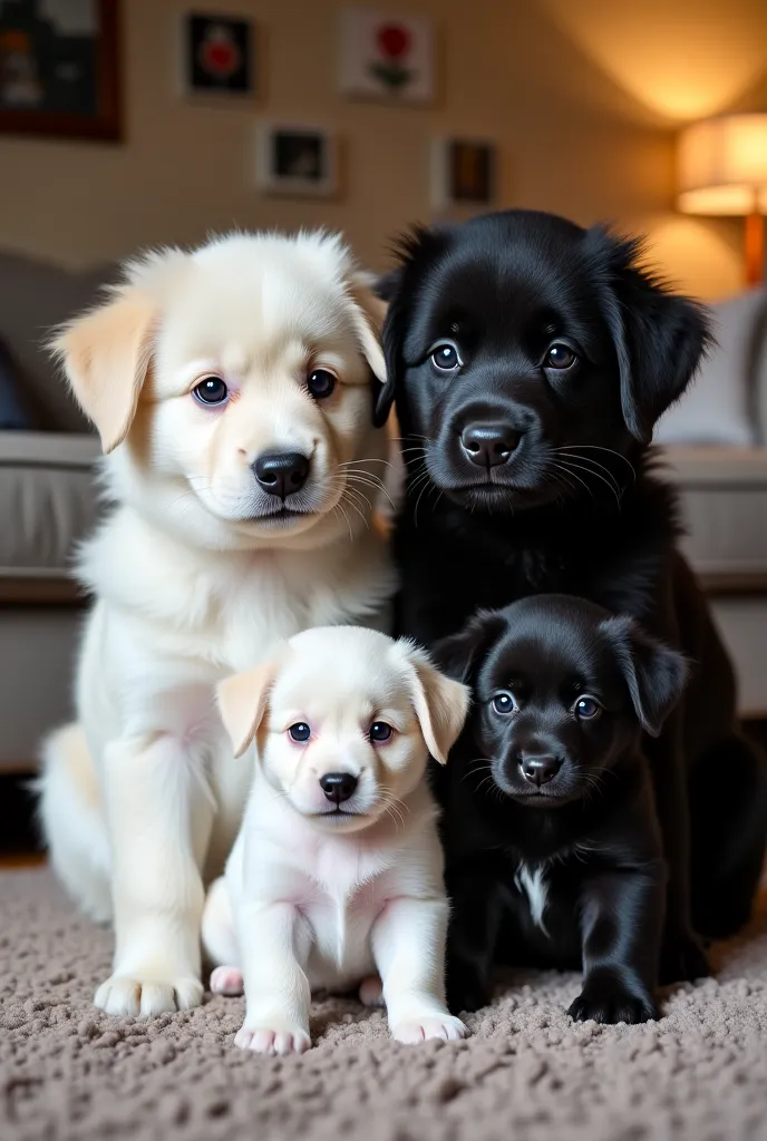 A white dog with a lot of hair and a black dog with a lot of hair are together in the middle of them is a small white puppy with a lot of hair and a small black puppy with a lot of hair in a living room with warm lighting 