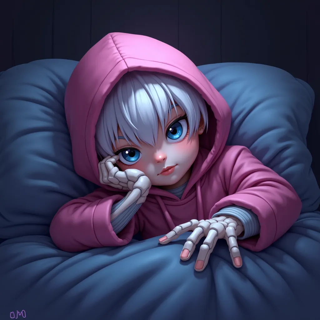 A cute tough guy in a pink hood with short white hair. blue eyes. He sleeps in bed with his head turned to one side. A bone hand is passed over his cheek.   colors dark blue, purple, black.  Realism style , as close as possible to real human appearance
