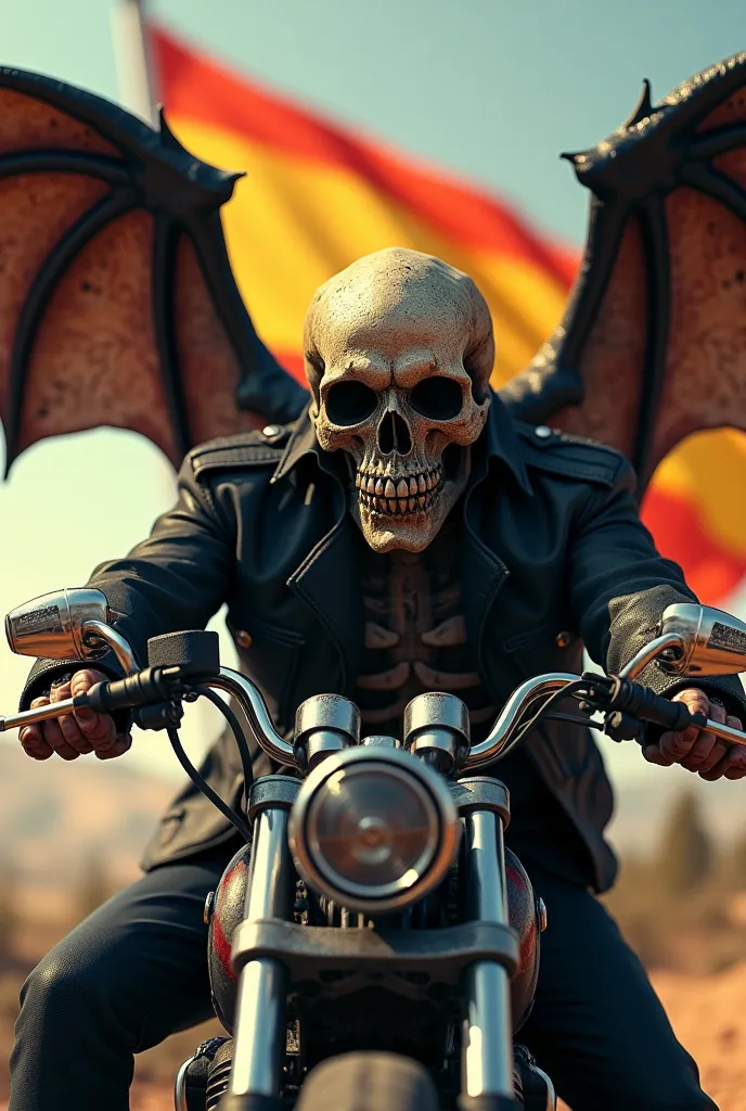 A police skull with bat wings, two revolvers, a Harley Davidson with the flag of the Valencian community in the background 