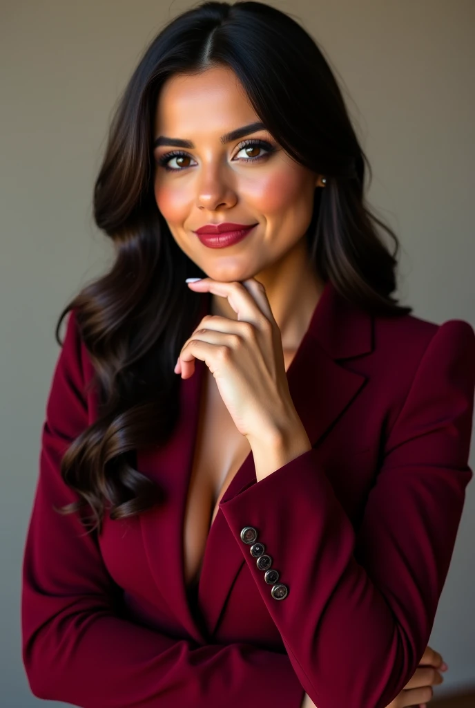 Create a 36-year-old Brazilian woman wearing the dark red costume, similar to wine or burgundy. It is an elegant color, and often associated with luxury, power and intensity . . It can refer to sophisticated shades of marsala or burgundy, depending on lumi...