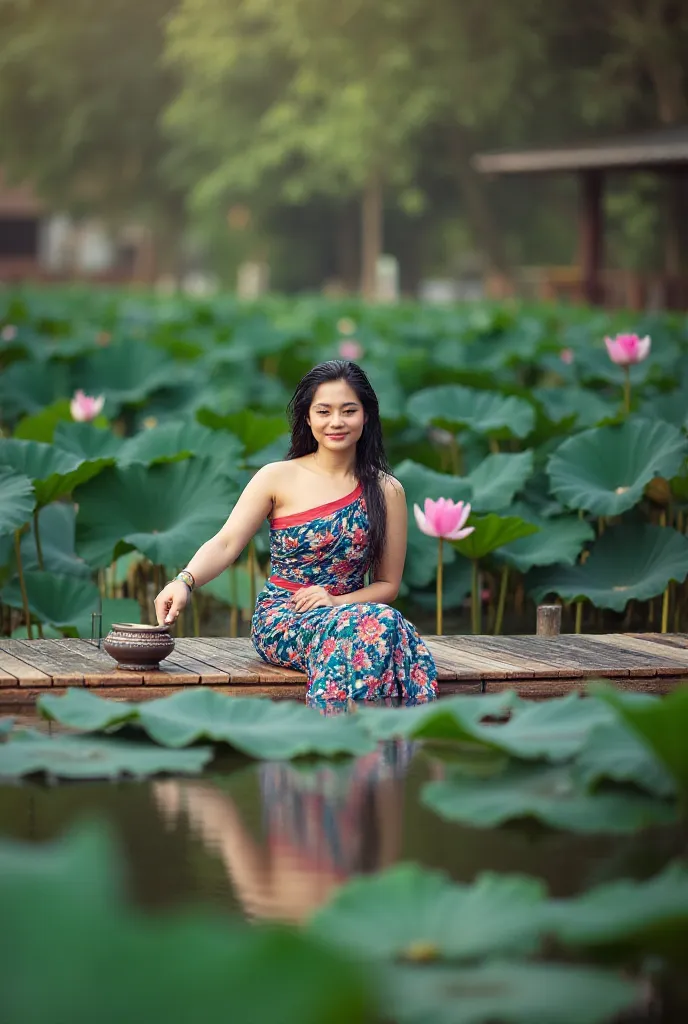 A beautiful young woman with a serene expression, sitting gracefully on a wooden dock by a lotus pond. She is wearing a traditional Thai-style floral sarong, wrapped elegantly around her body. Her dark, wet hair cascades down her shoulders, and she holds a...