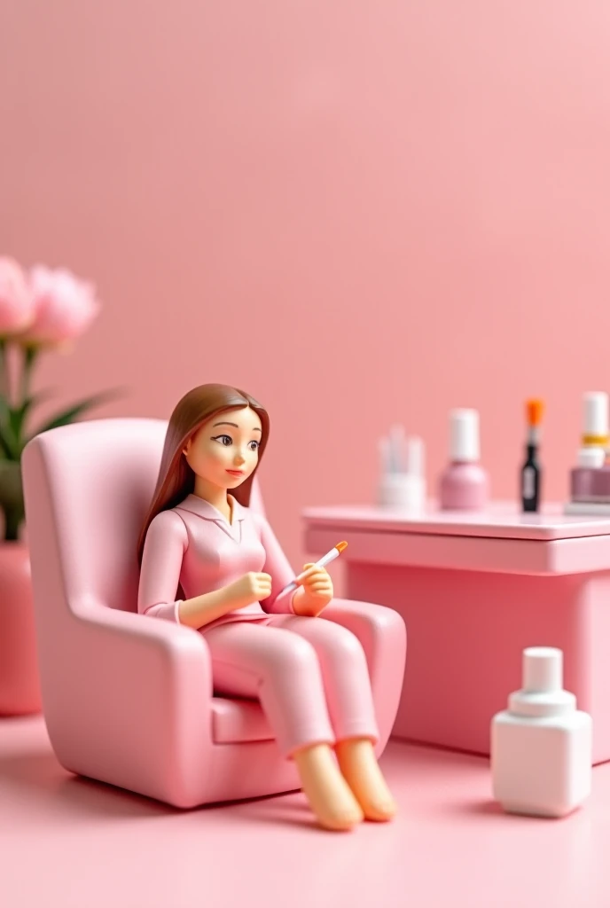 “A tiny figure of a woman sitting comfortably in a cozy chair, getting a manicure and pedicure in a pink-themed beauty salon. The tiny figure’s nails are being carefully painted with a soft pastel pink color. There are tiny nail tools like files, brushes, ...