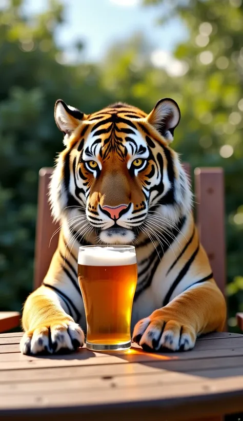 A cinematic photograph of a tiger sitting in a chair at a barbecue table in a sunny backyard sipping beer in a glass. Watch the tiger holding the cup with its paws and drinking the cold, frothy beer