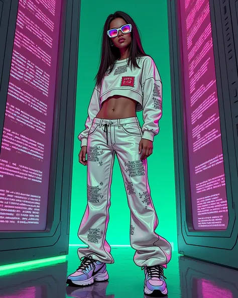 The image portrays a stylized illustration of a woman with a futuristic look and cyberpunk, in a highly technological environment illuminated by neon green lights. It wears a set composed of a white cropped sweatshirt with electronic circuits and wide holo...