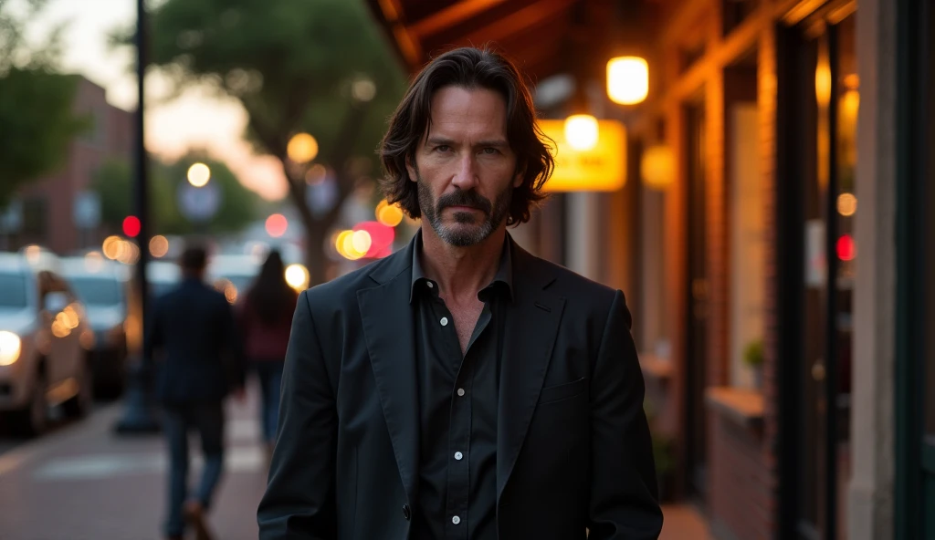 Keanu Reeves in the evening on Congress Avenue, lighting where he intervenes in a conflict between a local businessman and an advocate for vulnerable coffee shop employees.  The hero stands in the center , his eyes are calm and determined, and his pose exp...