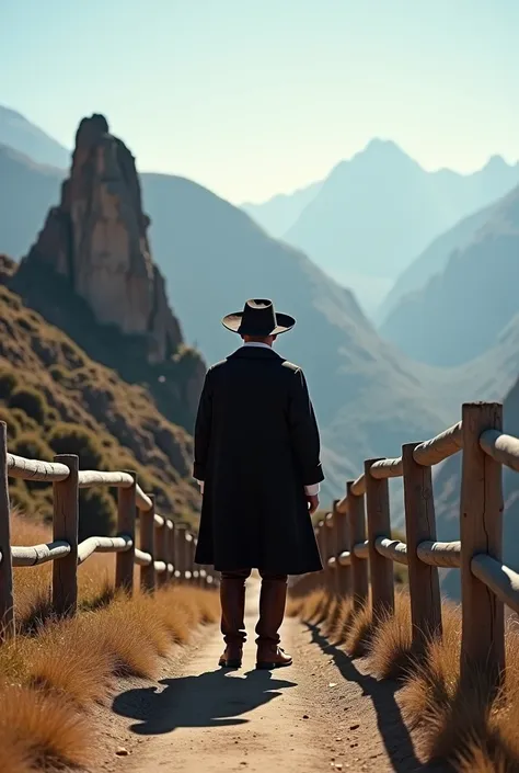 Puritan man standing on a wooden fence looks at a rock formation, ruins in background, hills in background, with mountains in background, with mountains in background,  in an ancient city , mountain in the background, with earth in the background, ancient ...