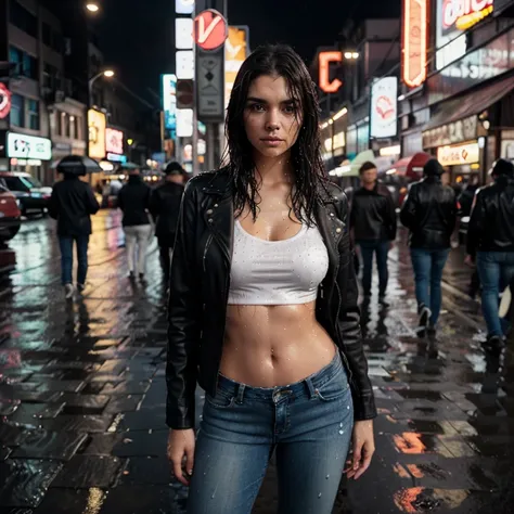 “Image of a confident woman with a3rd size bust, in a leather jacket and jeans, standing in front of neon signs in a rainy city. Her gaze is direct and bold, hair slightly wet from the rain. Water droplets on the lens, high contrast, atmospheric compositio...