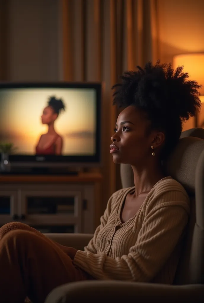 Young black lady watching television.