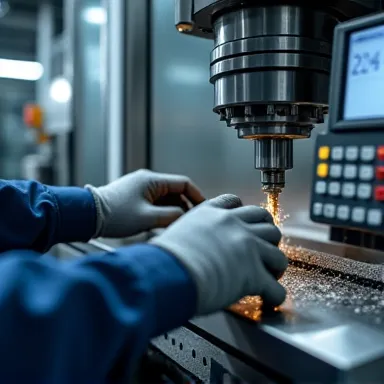 "Create a hyper-realistic image focused on the hands of an industrial operator manipulating a fully functioning CNC machine. The operator wears gray scrape gloves, and his hands appear in the foreground, interacting with the machine control panel while the...