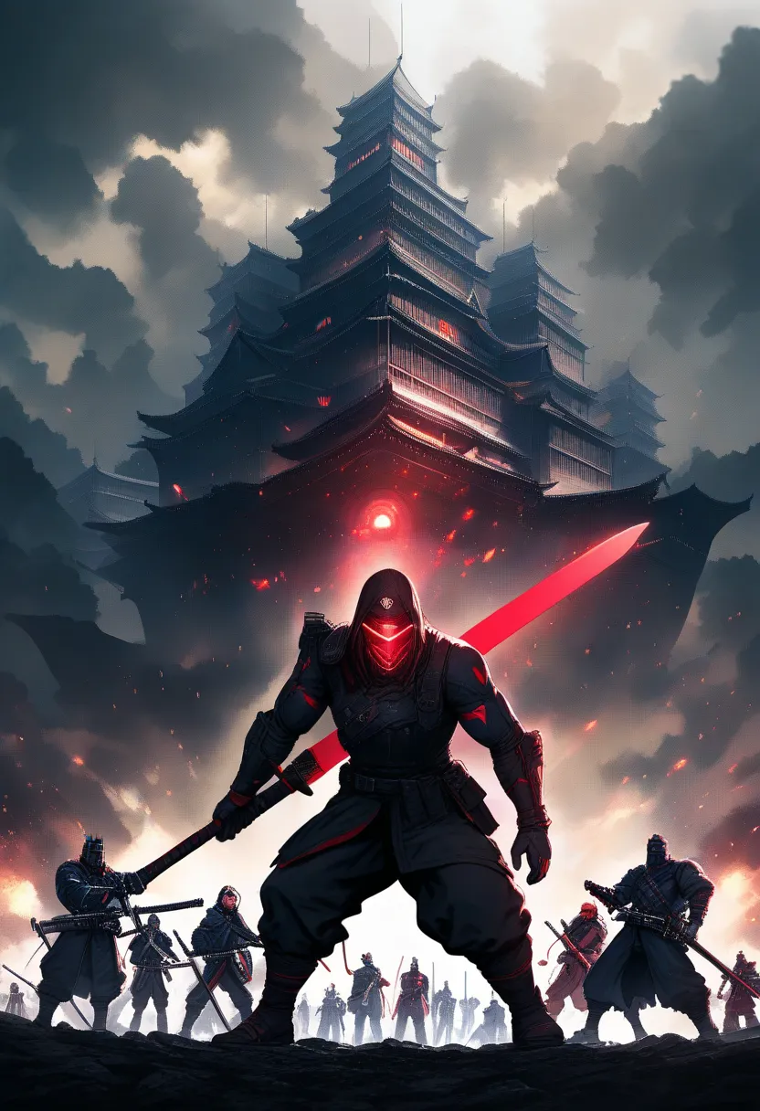 A high resolution shonen of a Captain of the Imperial Guard who is a lean sleek male cyberpunk kendo warrior in combat, wearing a cyberpunk version of a black (with red highlights) kendōgu (Sword Tools ) which includes: (1) black helmet with a full face vi...