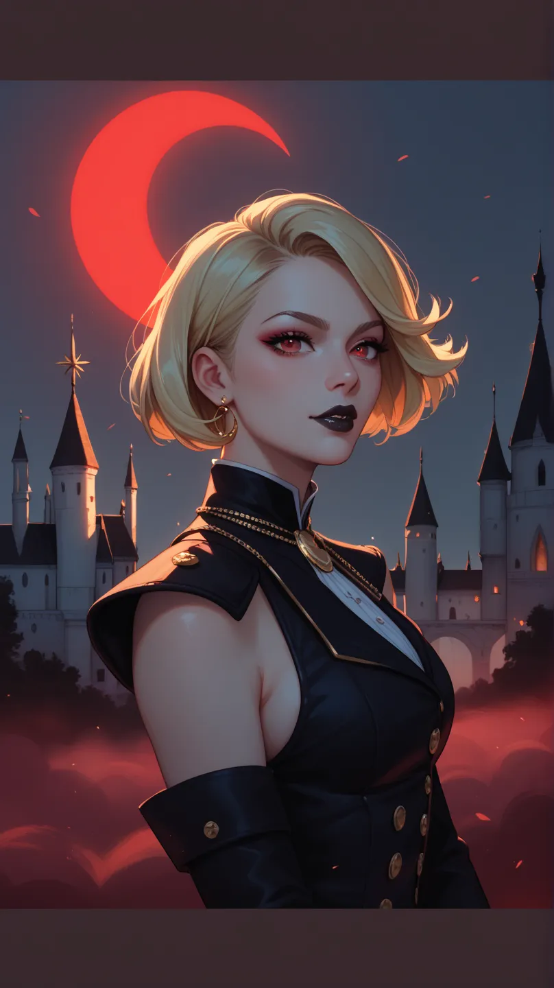 Blonde hair colored bob hair and red eyes、Her pupils are small, and she is wearing a neutral gothic lolli-like costume based on red, black, and gold in an aristocrat style, with a sock guard, and a black lip wearing high socks。with a red crescent moon floa...