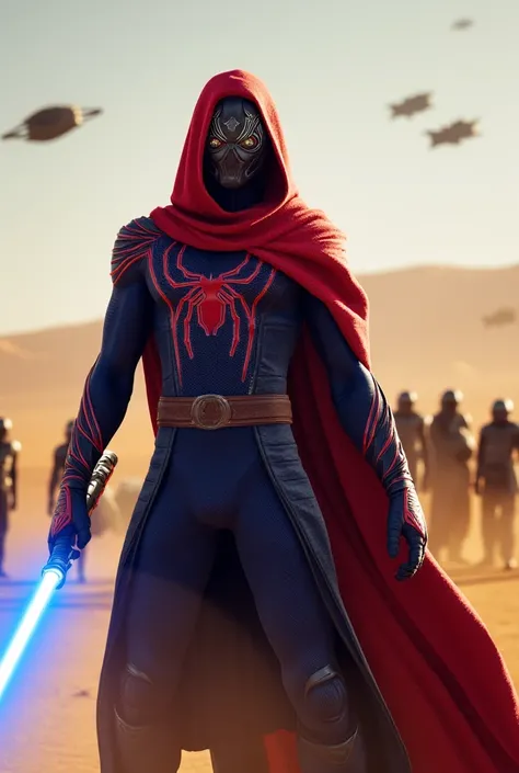 Spider-Man reimagined as a Jedi Knight in the Star Wars universe. He wears a sleek, red and blue Jedi robe with web-like patterns woven into the fabric. His lightsaber is a double-bladed weapon, glowing bright blue, with a hilt resembling his web-shooters....